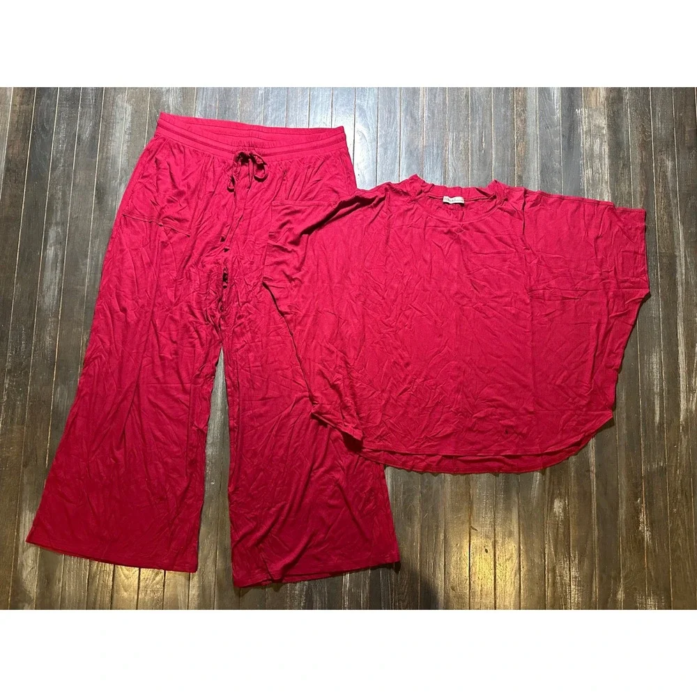 Zenana Women Red Ribbed Knit Lounge Set Wide Leg Pants Dolman Top